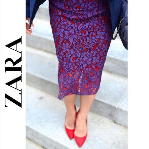 Zara Dresses & Skirts - Zara Purple & Red Lace Midi Pencil Skirt